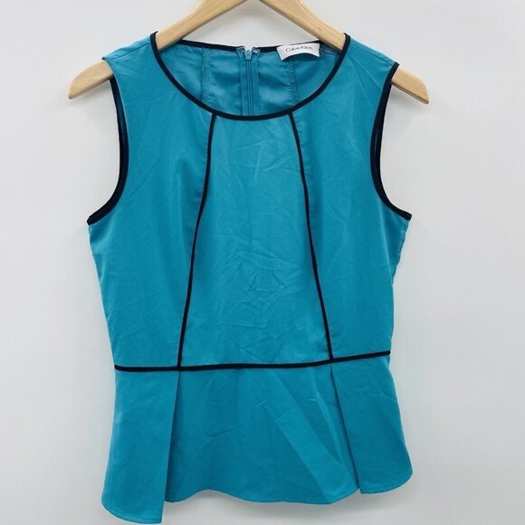 Calvin Klein Womens Size Small Sleeveless Piping Trim Peplum Blouse in Green 741 - Picture 1 of 7